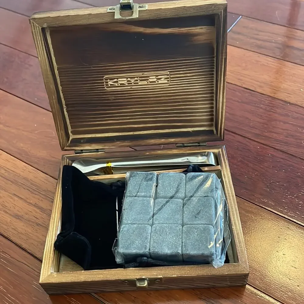 NEW Whiskey Stones Gift Set Wooden Box 9 Chilling Rocks Bourbon Bar Krylaz