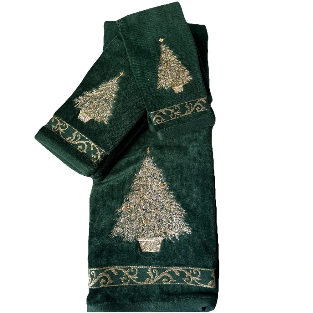 Emerald Green Vintage Velvet Touch Gold Tree Detail Decorative 5pc Towel Set