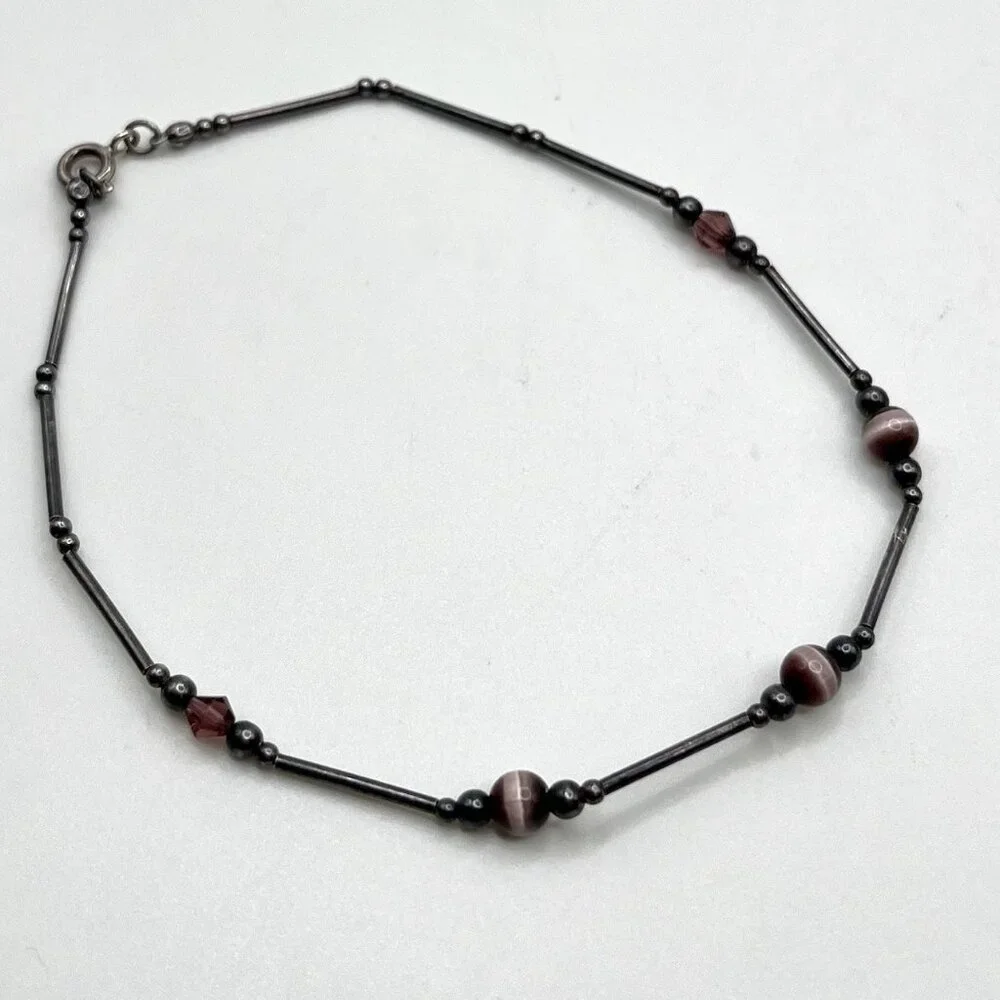 Sterling Silver Bar Link Bracelet Purple Glass Cat Eye Beads Boho Minimalist
