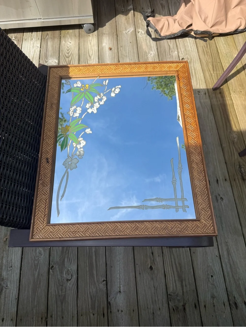 Vintage 1970’s wood Framed Floral etched glass mirror Wall Art iBrown Green