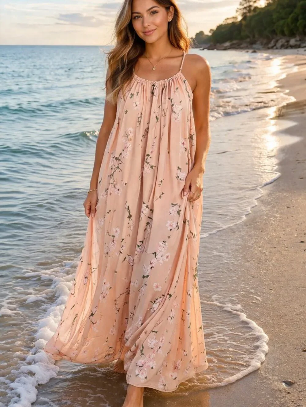 Abercrombie‎ & Fitch Peach Floral Maxi Dress Pink Blossom High Neck Tie Back Med