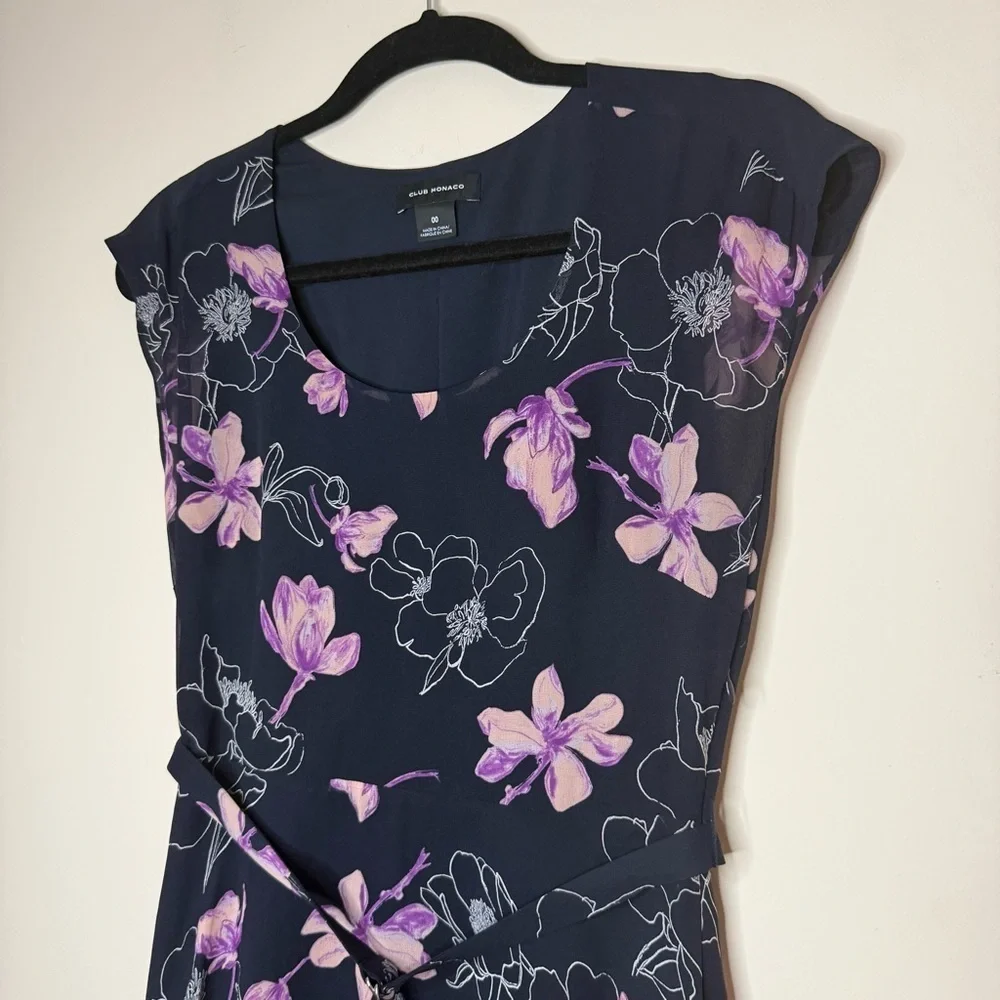 CLUB MONACO Purple Floral Silk Cocktail Flowy Belted Midi Dress