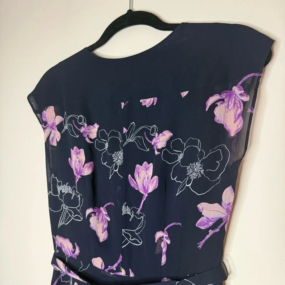 CLUB MONACO Purple Floral Silk Cocktail Flowy Belted Midi Dress