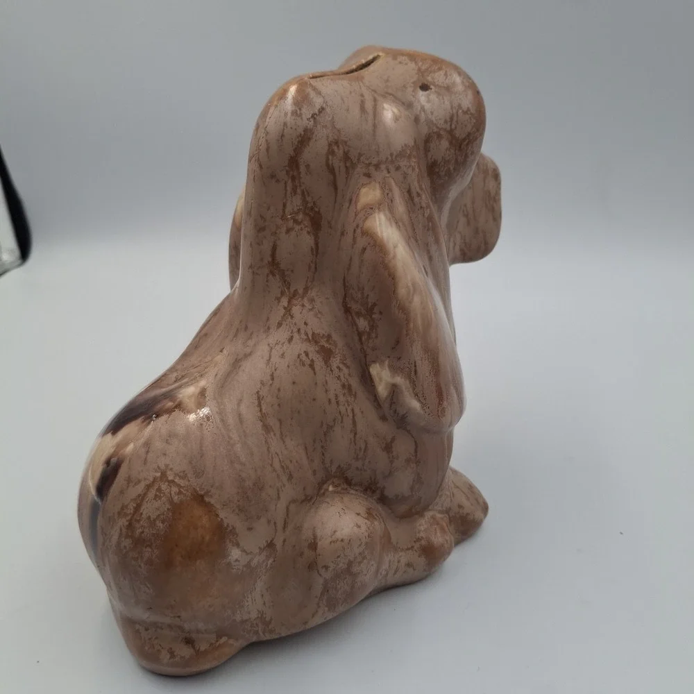 Vintage Ceramic Bassett Hound Dog Coin Piggy Bank Statue Glazed Marbeled‎ Sad
