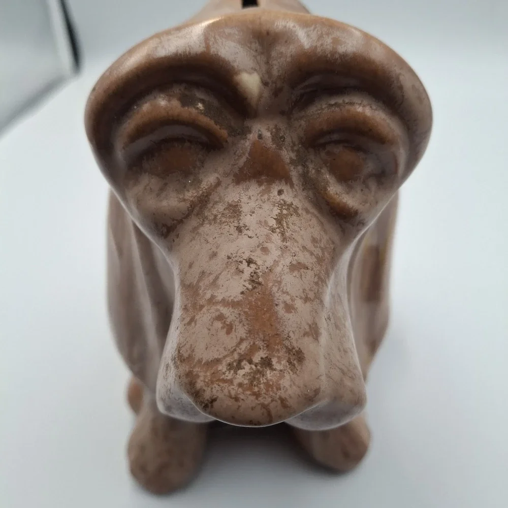 Vintage Ceramic Bassett Hound Dog Coin Piggy Bank Statue Glazed Marbeled‎ Sad