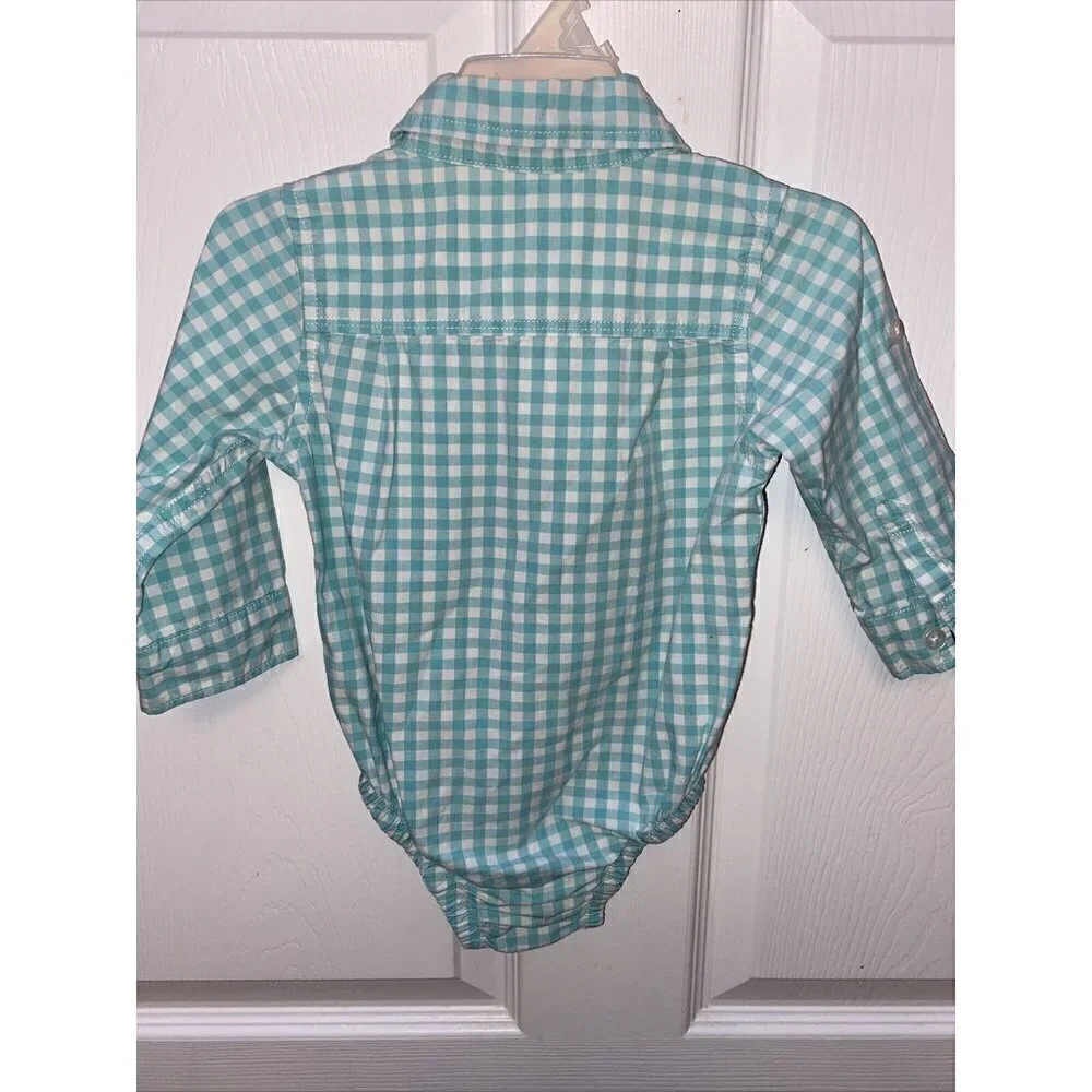 t BABY GAP basic oxford button front snap crotch blue checkered shirt 12-18mos