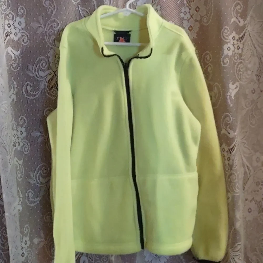 Place Kids 10-12 Neon green‎ Zip Fleece Jacket Pockets Thumb loop