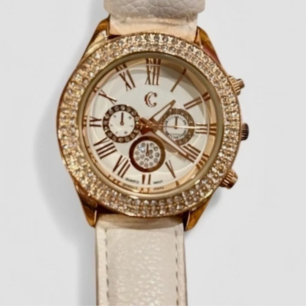 Charming Charlie Gold Rhinestone Watch White Strap Roman Numeral Glam