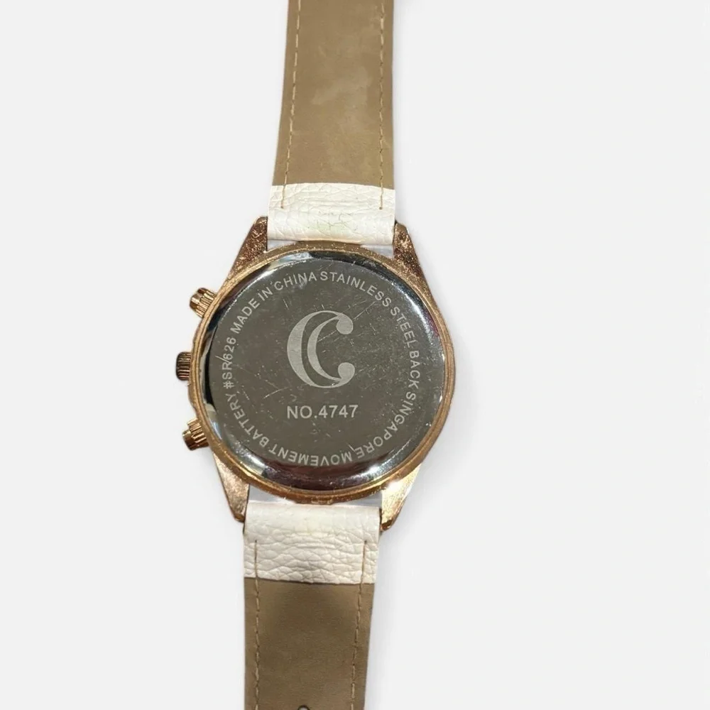 Charming Charlie Gold Rhinestone Watch White Strap Roman Numeral Glam