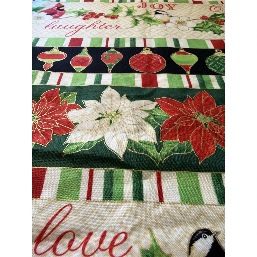 Christmas Carols Birds Poinsettia Stripe Gold Cotton Fabric Wilmington 1.5 Yards