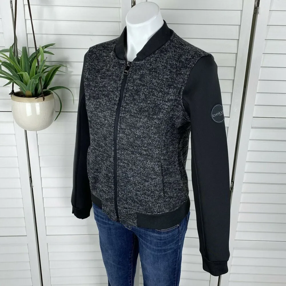 Bebe Sport Black Knit Jacket Scuba Sleeves Logo Patch Womens Size M Olympics '17