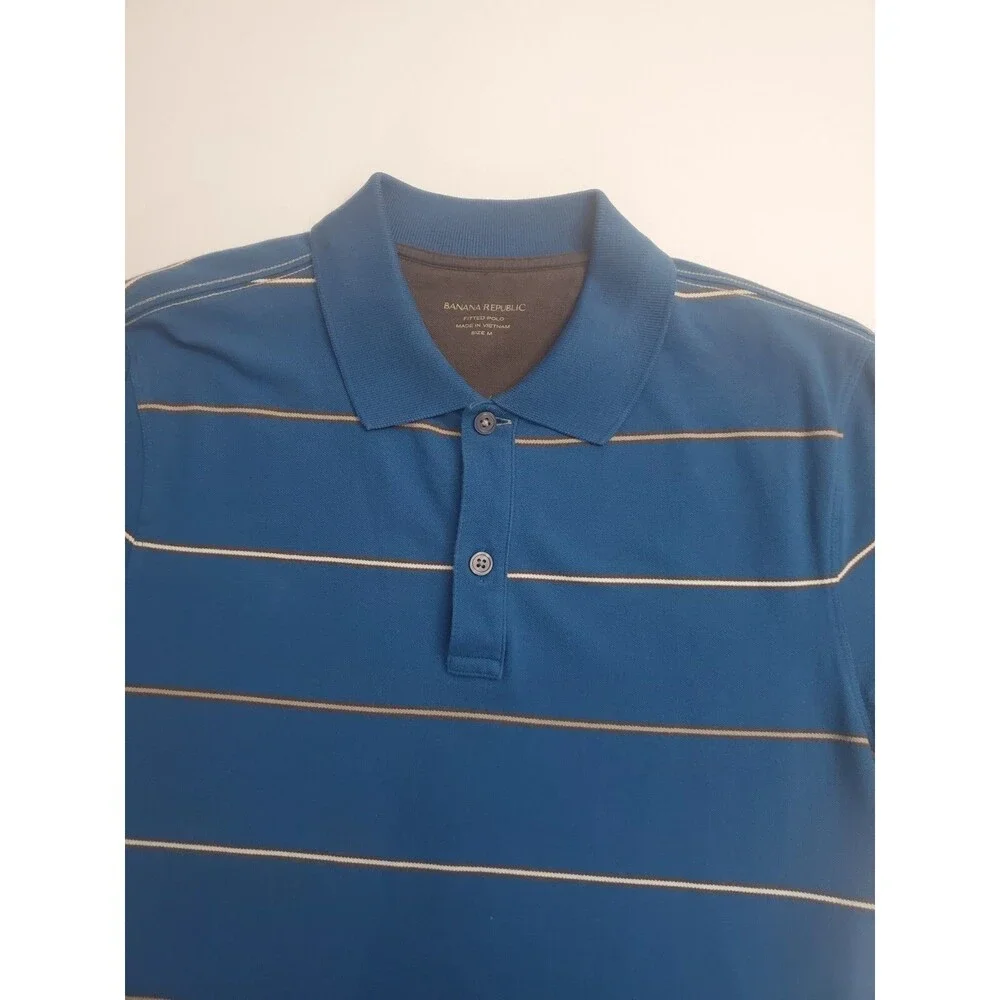 Banana Republic Men's Short Sleeve Fitted Polo Striped Shirt, Medium