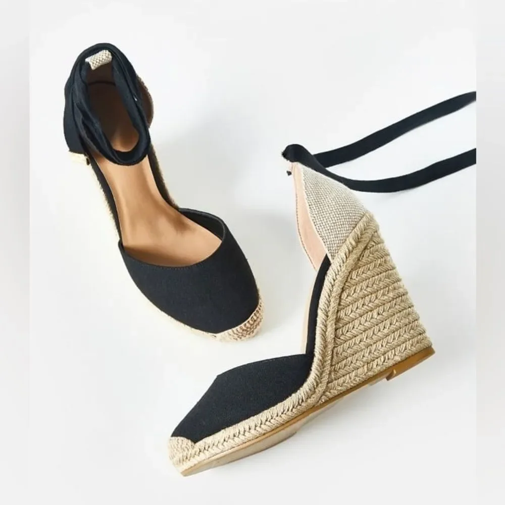 JustFab Women's Black Espadrille Wedge Sandals Size 9.5 Ankle Tie