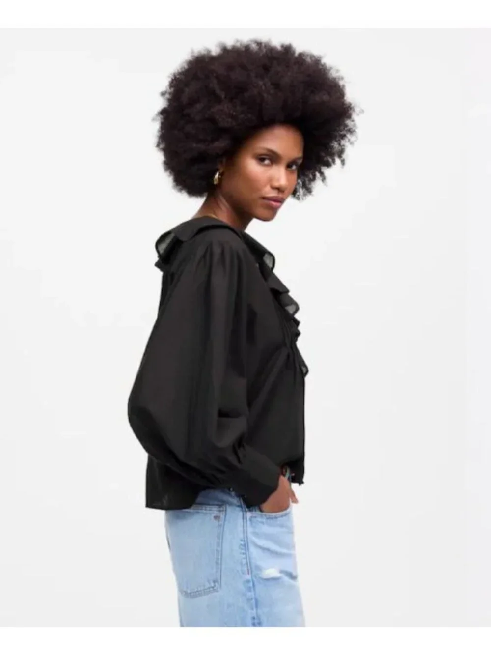 Madewell Ruffled Pintucked Long Sleeve Top Size M Button Up NWT Black Blouse