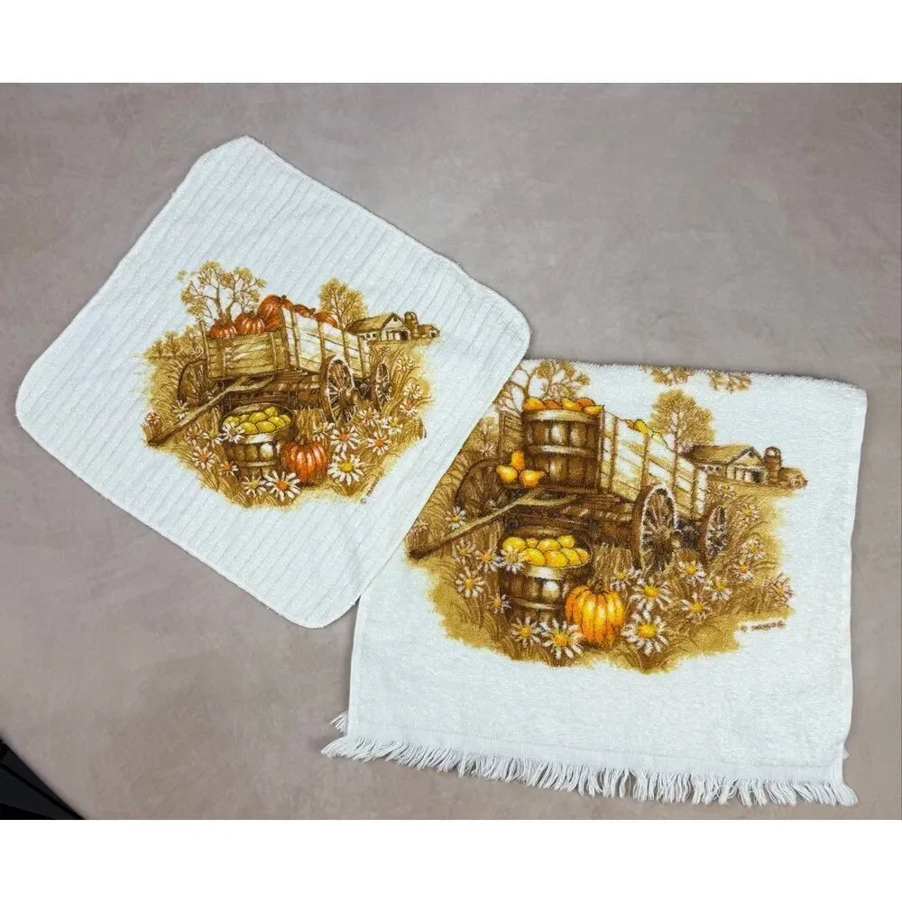 Vintage Hand Towel and Washcloth Set 1970s MCM Franco Pumpkin Wagon