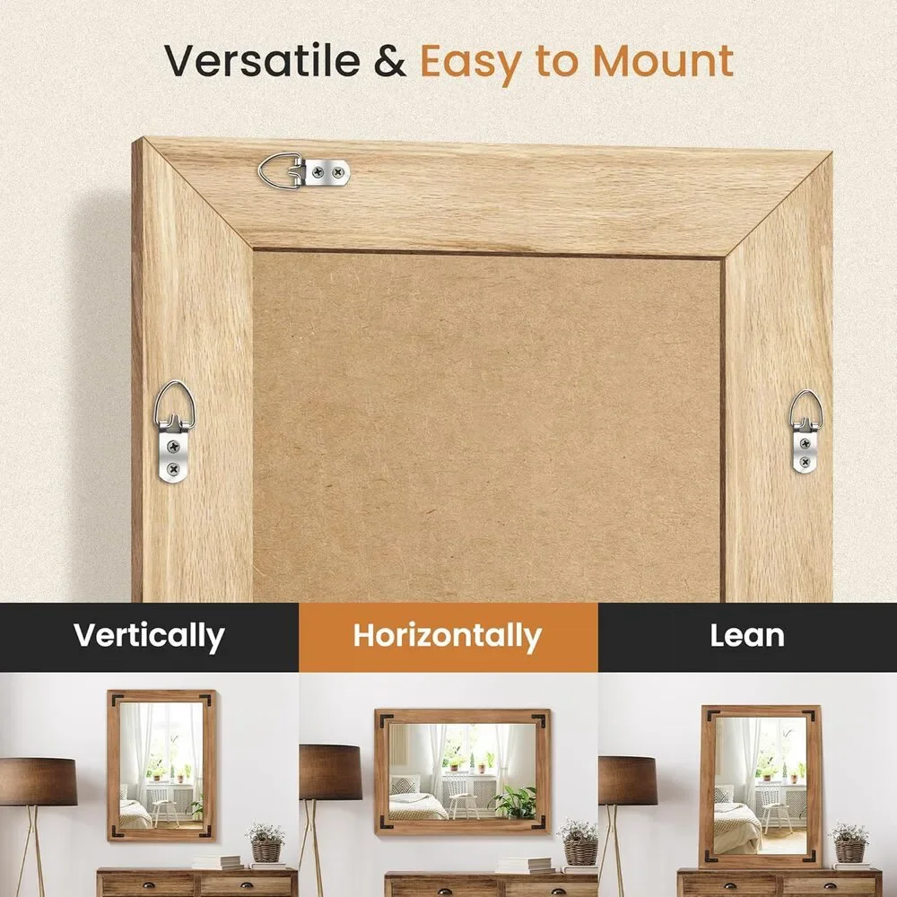 Rustic Light Brown Wood Framed Rectangle Accent Mirror Wall Mounted for Entryway