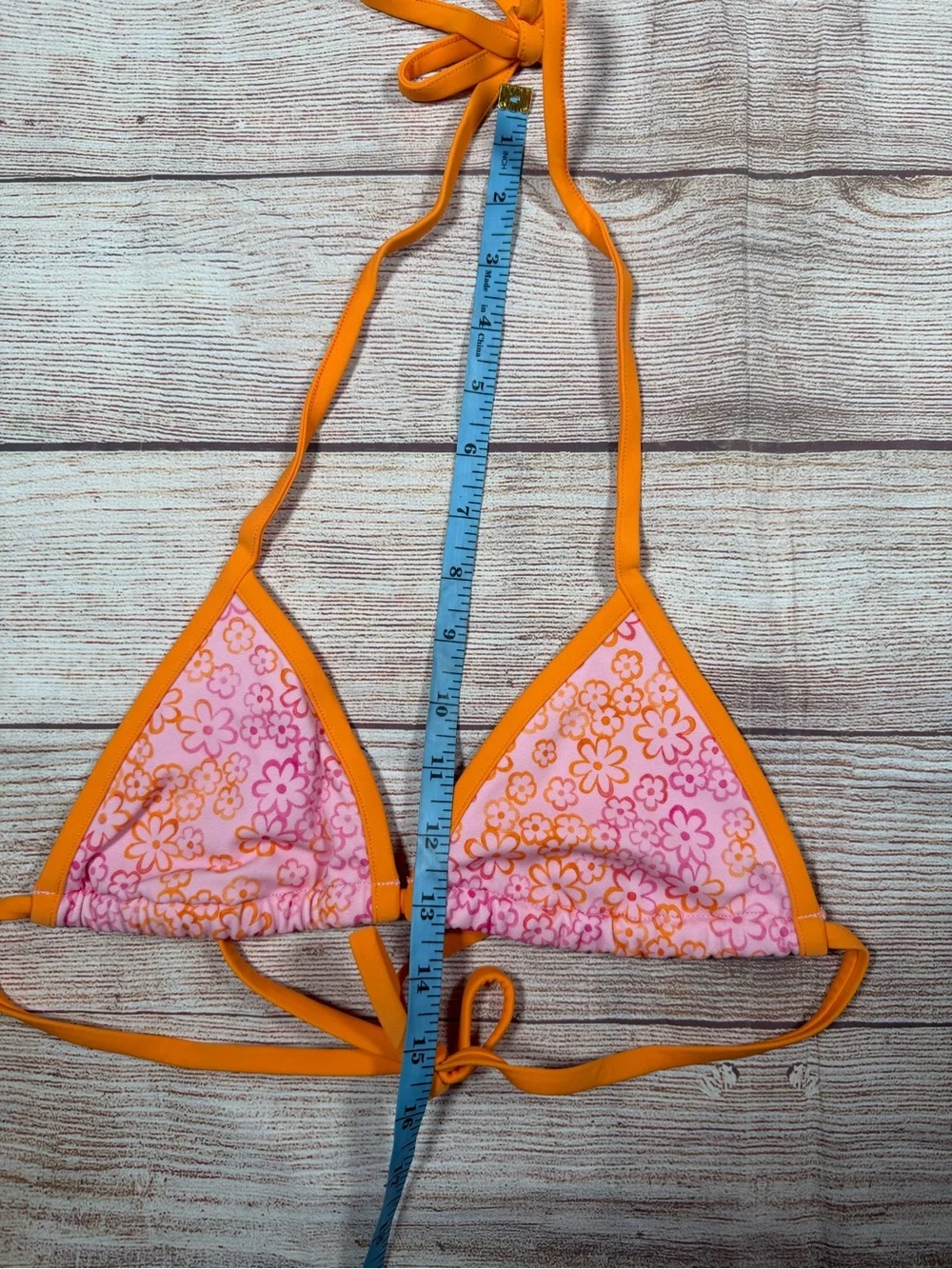 Frankie's Bikinis Orange Trim Pink Floral Cape May Triangle Bikini Top
