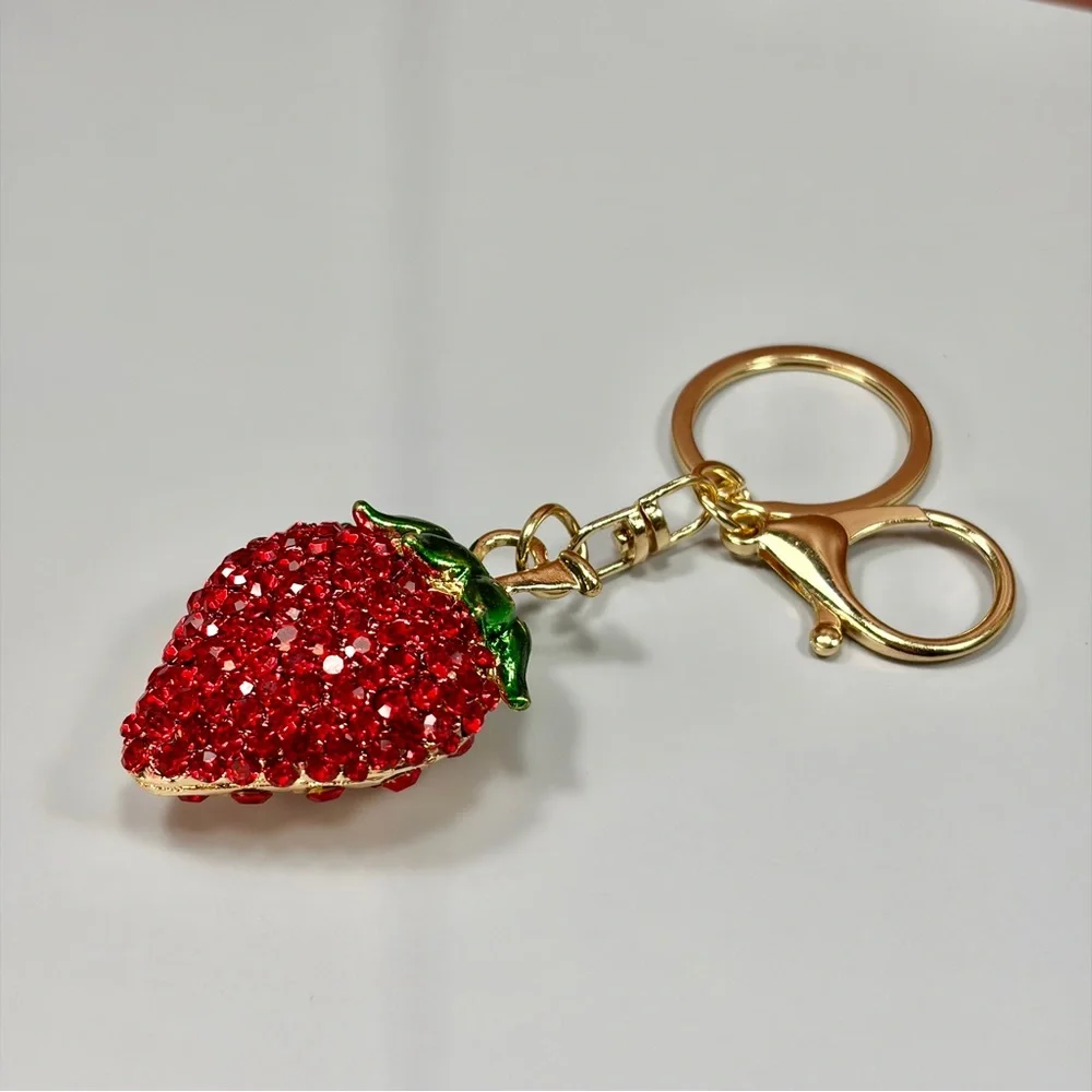 Chunky Rhinestone Strawberry Keychain - Red & Green Gold Hardware