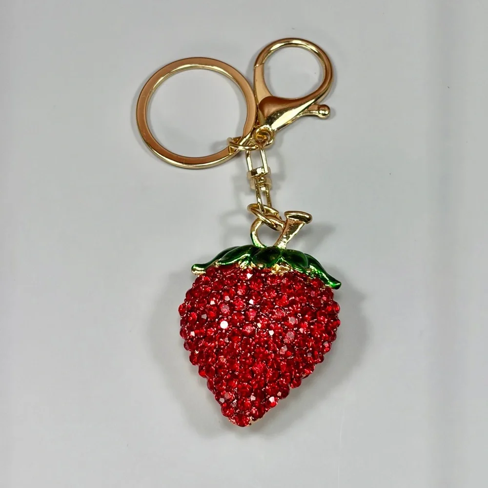 Chunky Rhinestone Strawberry Keychain - Red & Green Gold Hardware