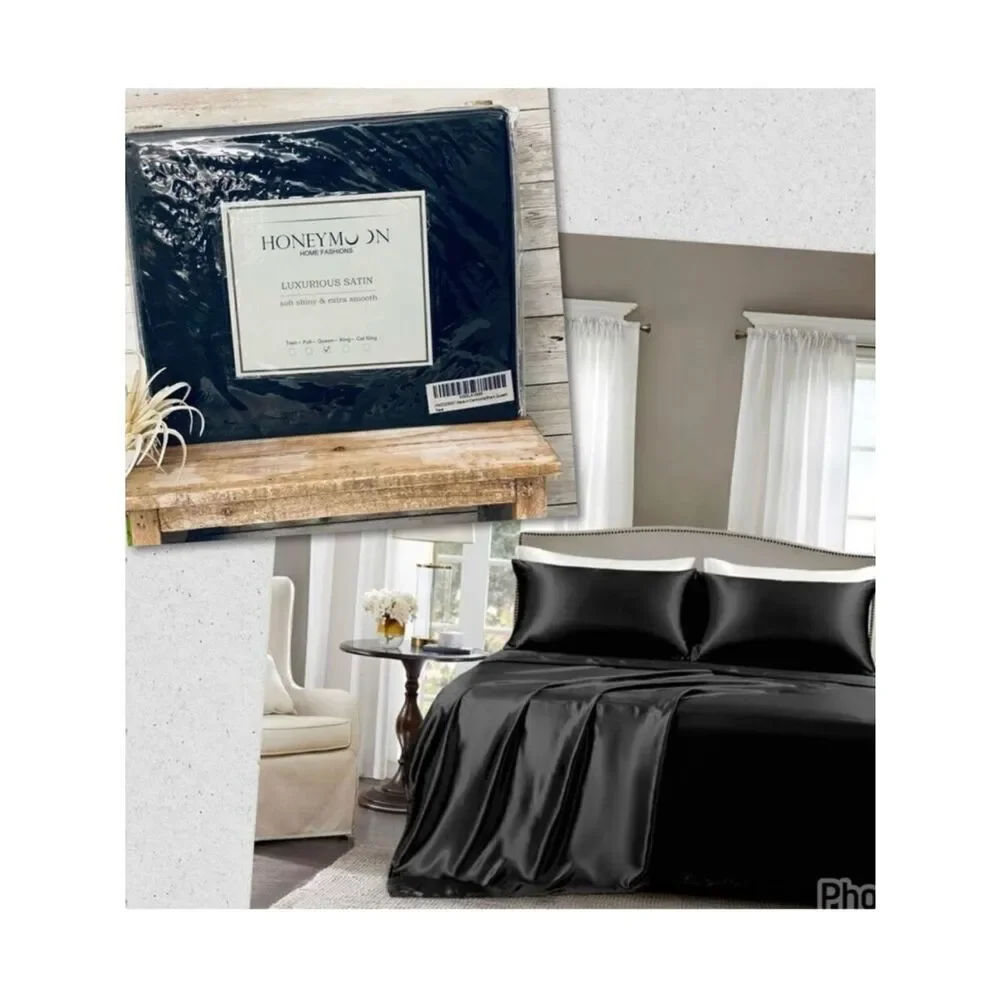 NWT Gorgeous Honeymoon Queen Black Luxury Soft Shiny Smooth Satin 4 pc Sheet Set