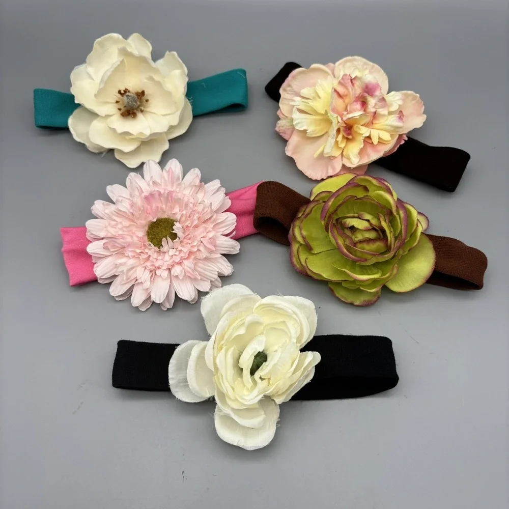 5 Pc. Large Flower Hair Bow on Knit Headband Lot Gift Set Baby‎ Girl