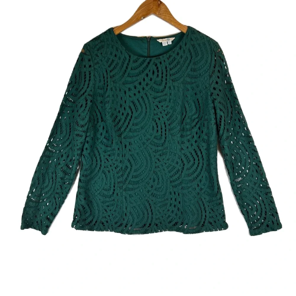 Boden Lace Overlay Long Sleeve‎ Top Green US 10 UK 14 Sheath Back Zip
