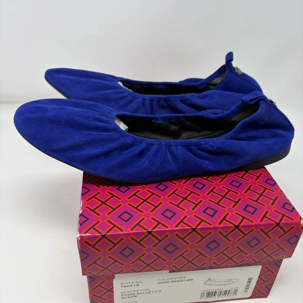 Tory Burch Eddie Ballet 2.0 Suede Flats Dark Indigo‎ 400 Womens Size 9.5 NIB