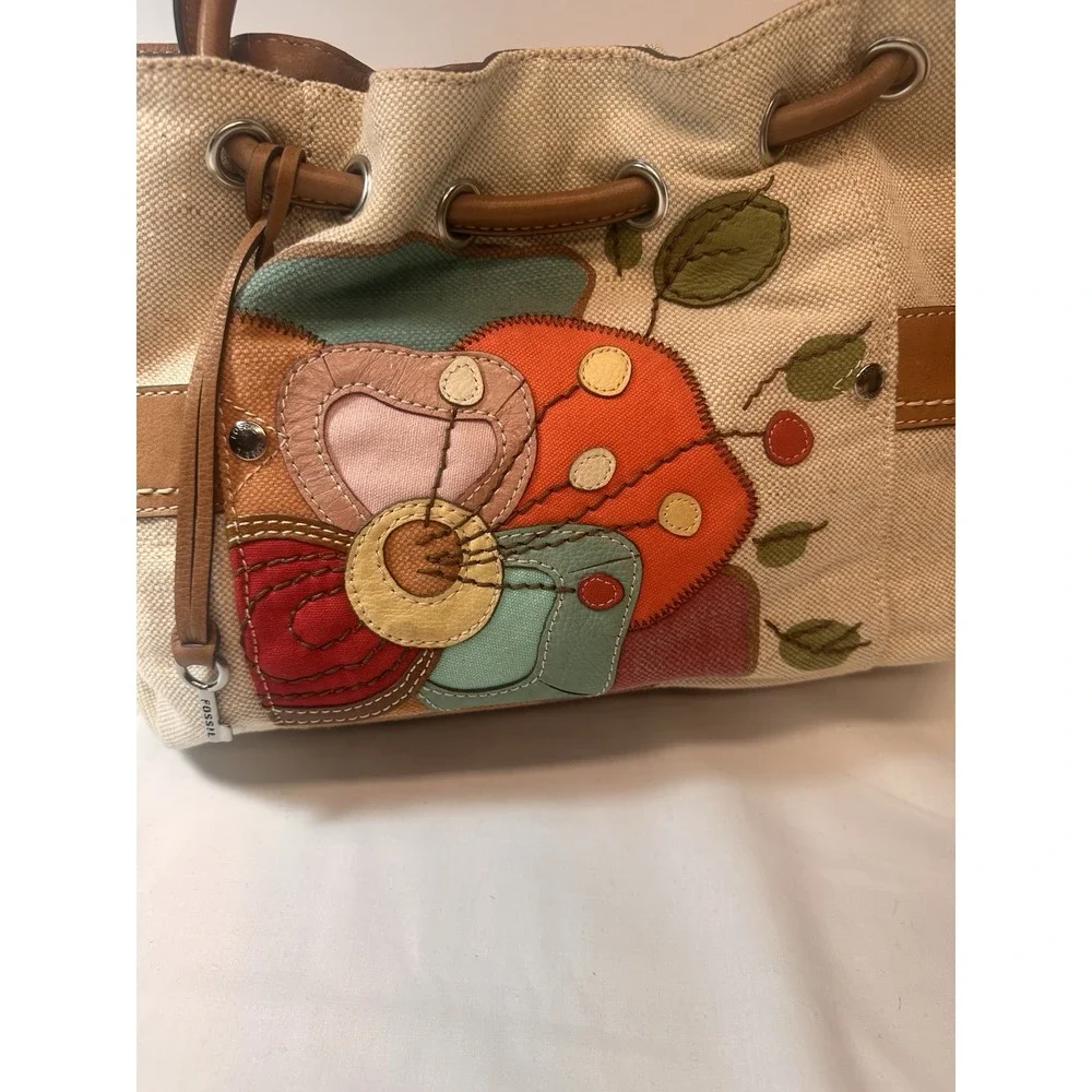 Fossil Colorful Satchel Boho Tote Purse Denim And Leather Unique‎ ❤️