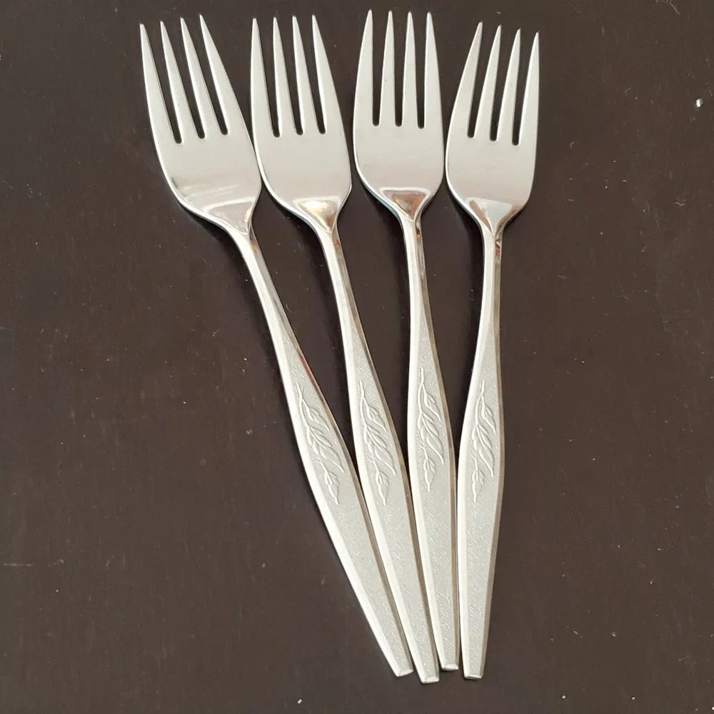 4 Salad Forks Oneida Community‎ Woodmere Textured Wheat Leaf Stainless MCM