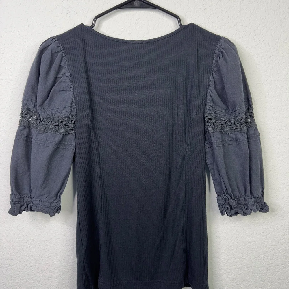 Free People Shirt S Black Ribbed‎ Puff Sleeve Crochet Lace Romantic Goth Boho