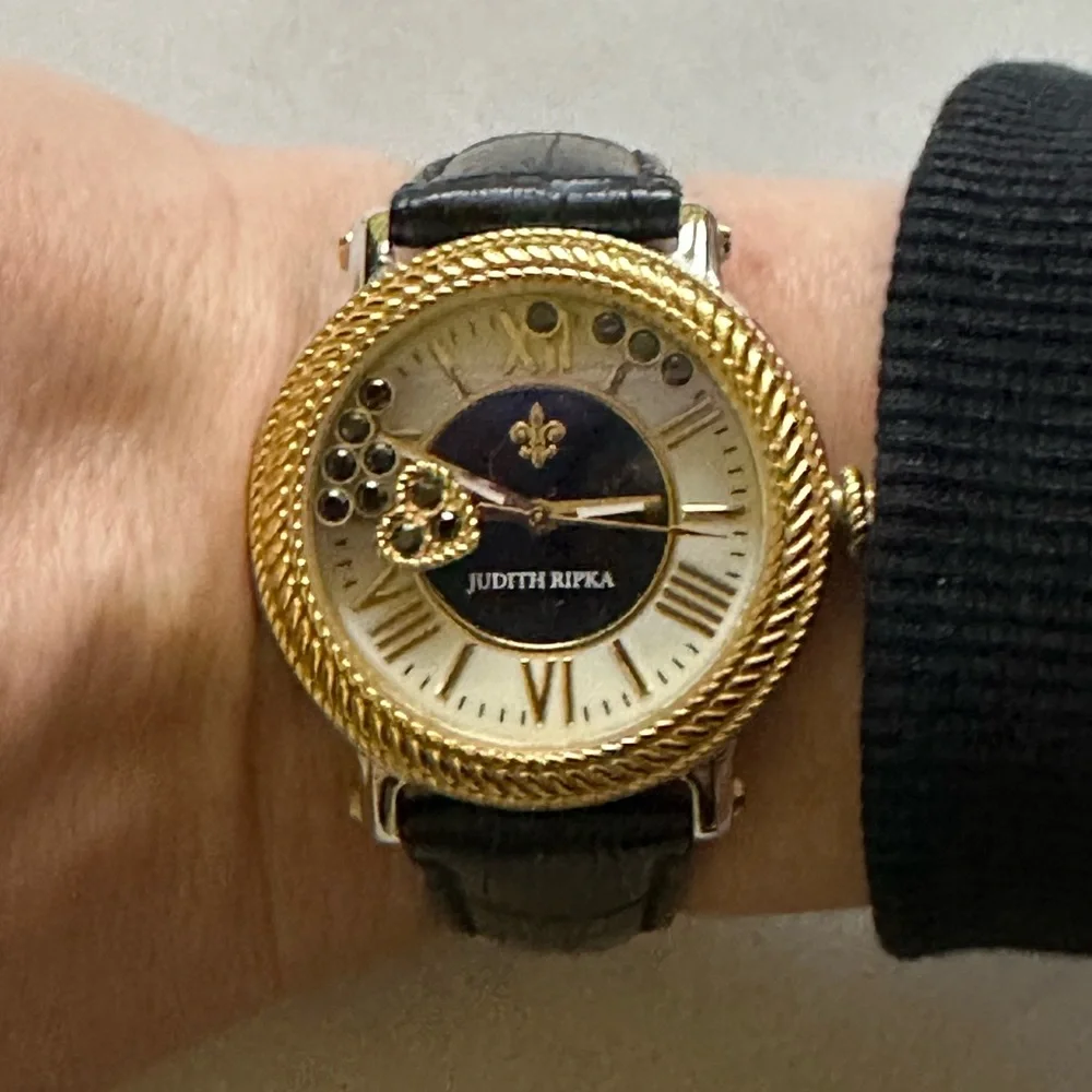 Judith Ripka Gold/Black Odyssey Diamonique Stainless Steel Leather Watch