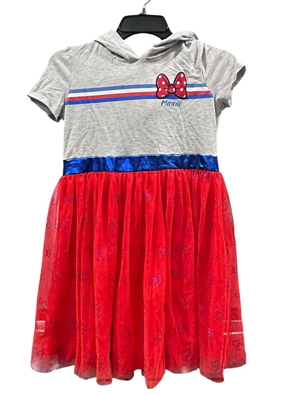 Disney Minnie Mouse Hooded Tulle Dress Girls XL 14 Red Gray Glitter Bow Cute