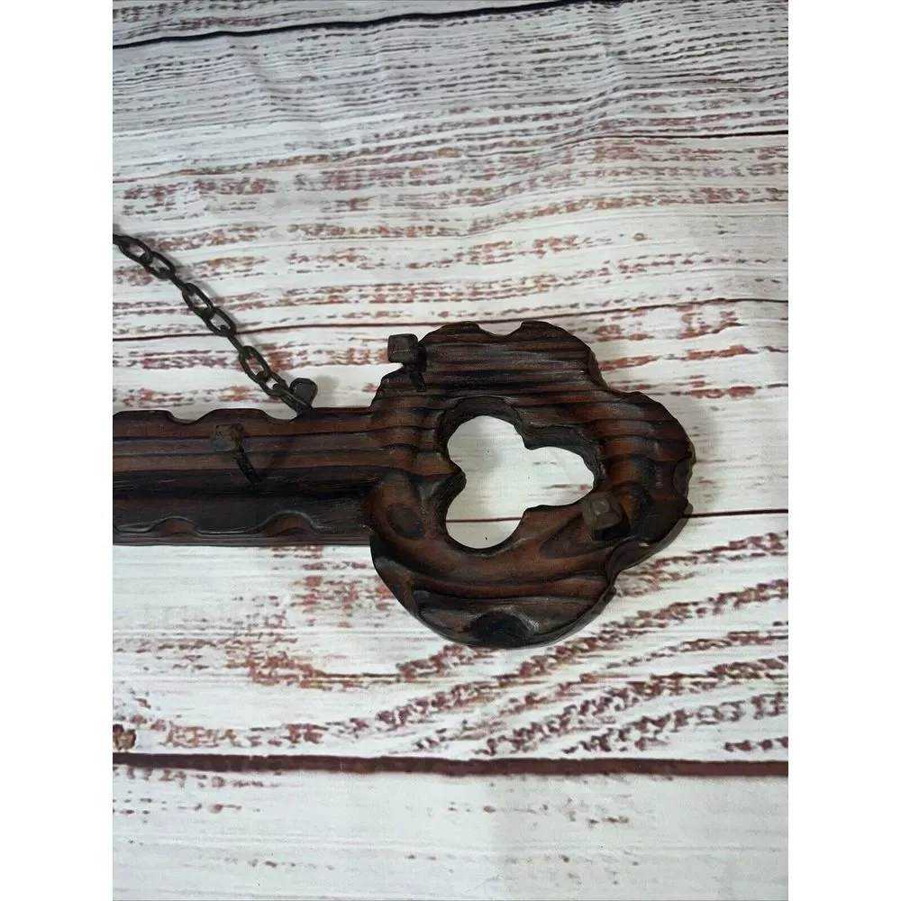 Rare‎ Vintage Hand Made Brown Wood Key Rack Wooden Primitive Chain Iron Hanging