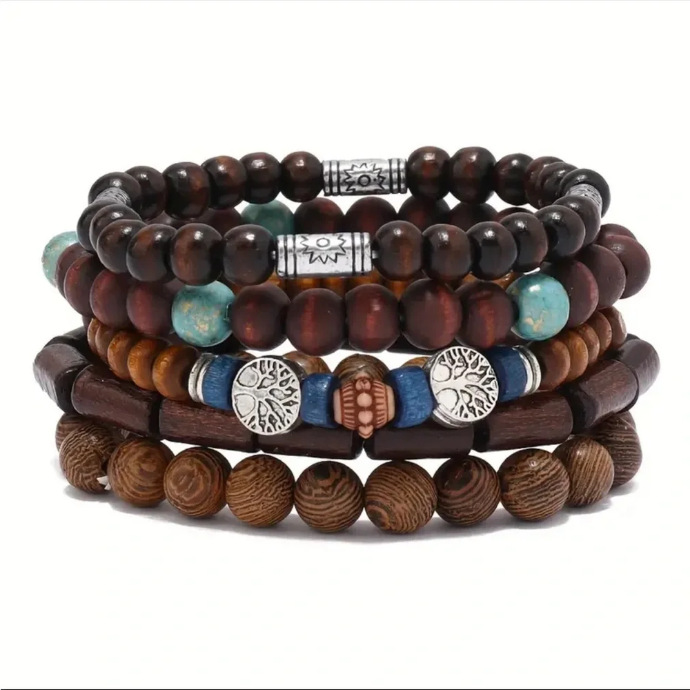 5 Pcs/Set Vintage-Inspired Simple Fashion Elastic Wooden Bead‎ Couple Bracelet
