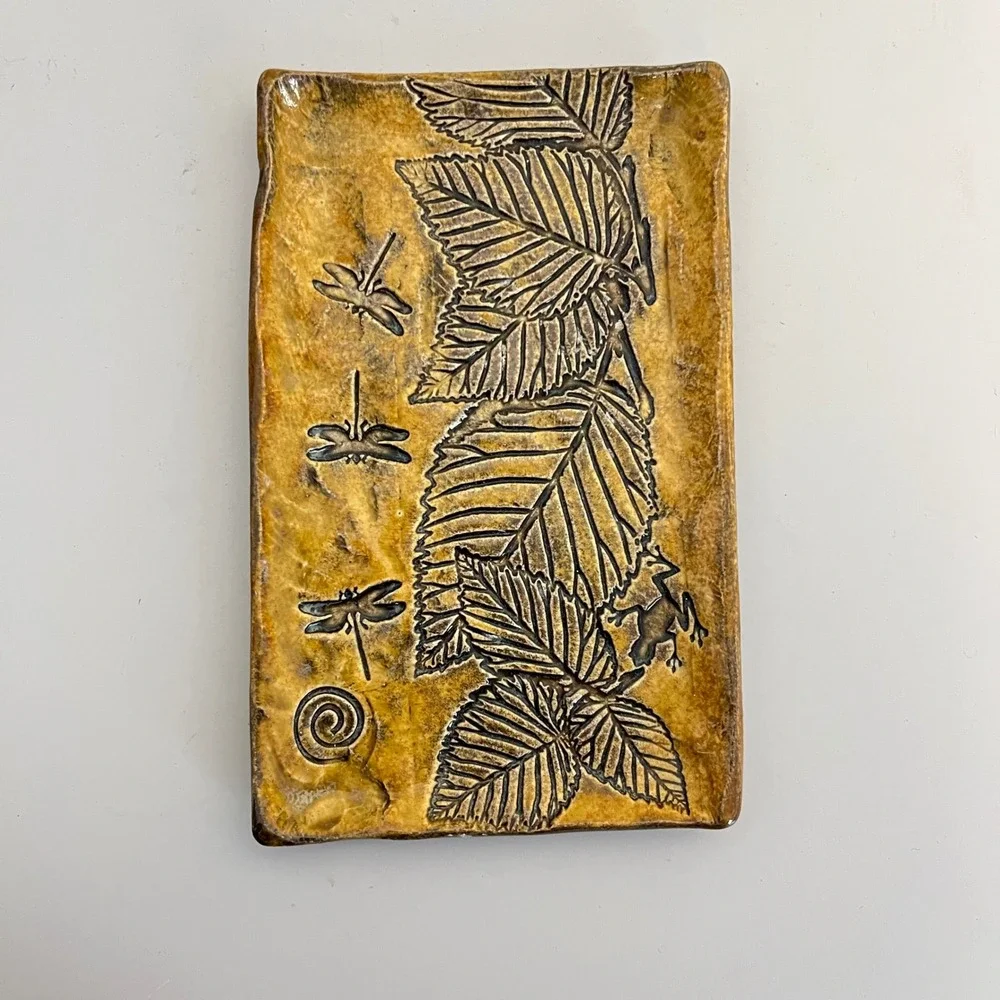 Dragonfly Leaf Ceramic Trinket Dish Yellow Brown Handmade‎ Studio Art