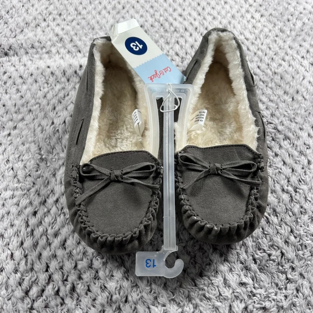 Cat Jack Toddler‎ Girls Gray Bow Moccasin Slippers Size 13 Plush Lined NWT