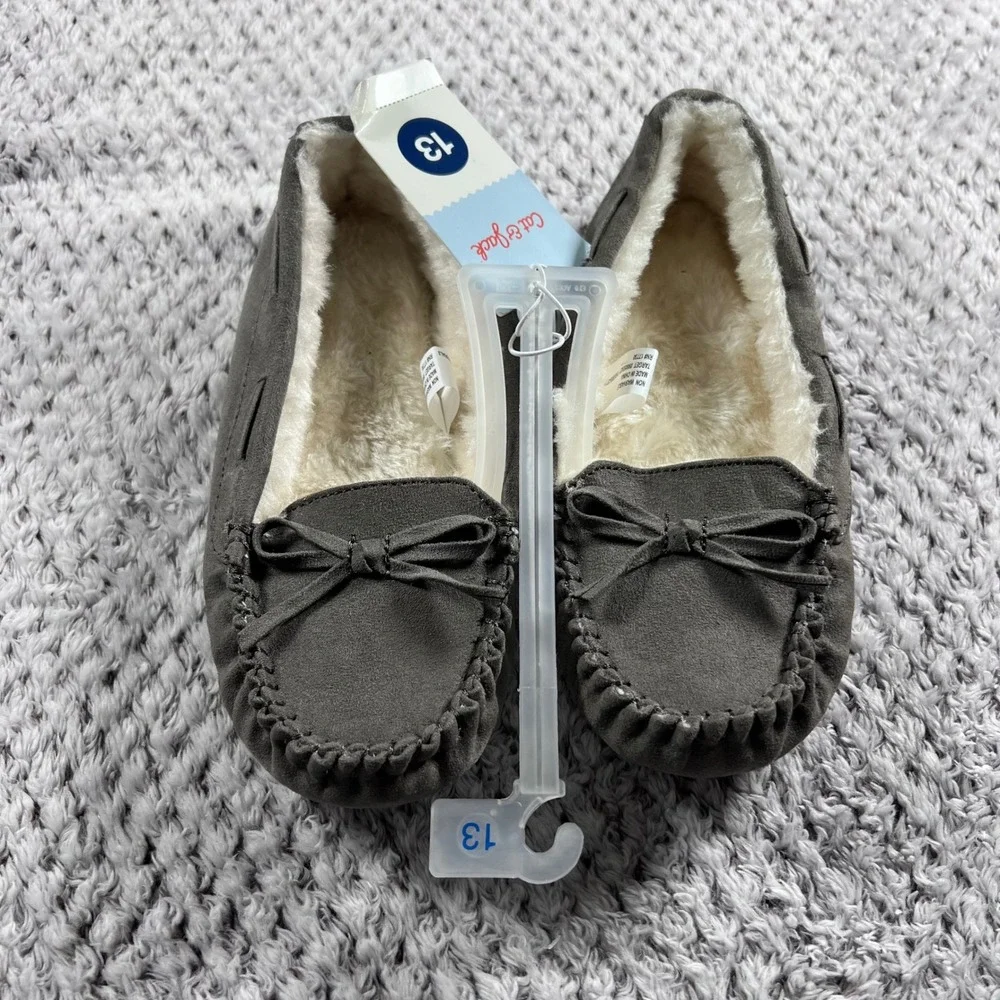 Cat Jack Toddler‎ Girls Gray Bow Moccasin Slippers Size 13 Plush Lined NWT