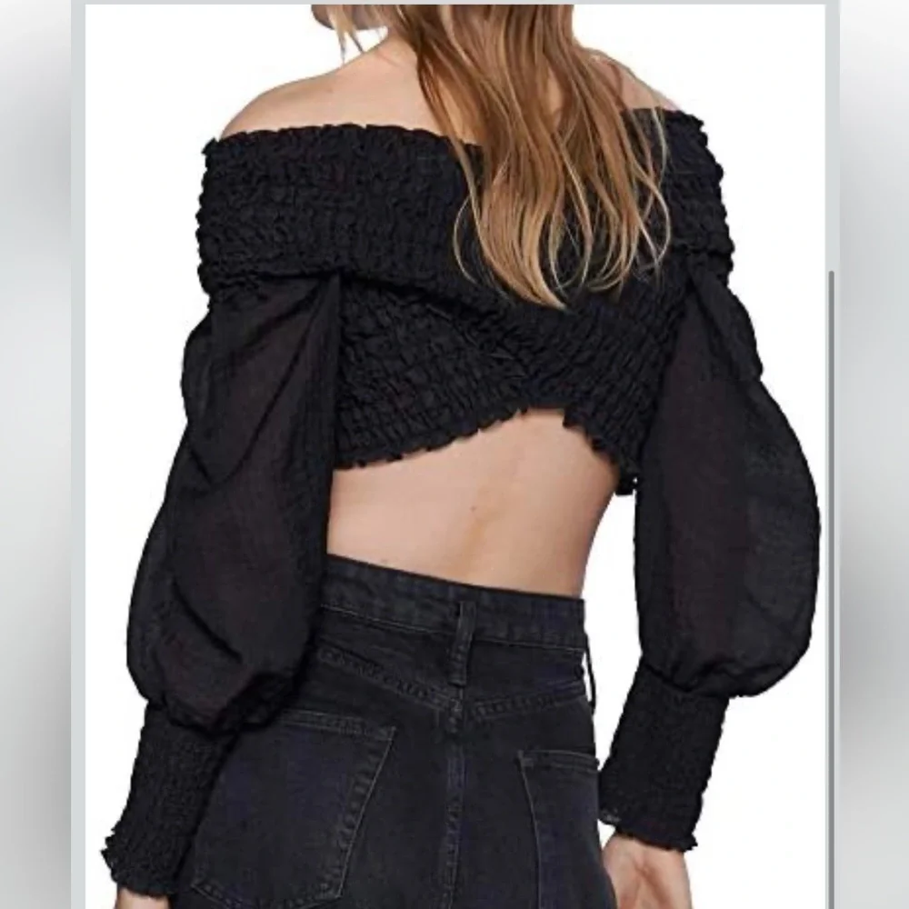 ZARA Black Smocked Cropped Long Sleeve Ruffle Blouse Size S