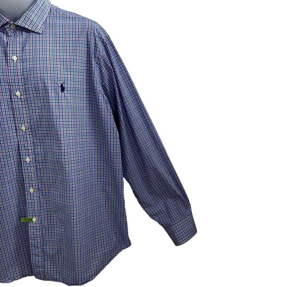 POLO Ralph Lauren XXL Gingham Plaid Twill Dress Shirt 100% Cotton Button Up Logo
