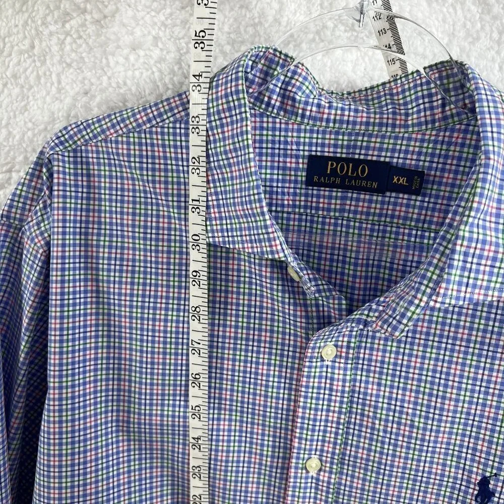 POLO Ralph Lauren XXL Gingham Plaid Twill Dress Shirt 100% Cotton Button Up Logo
