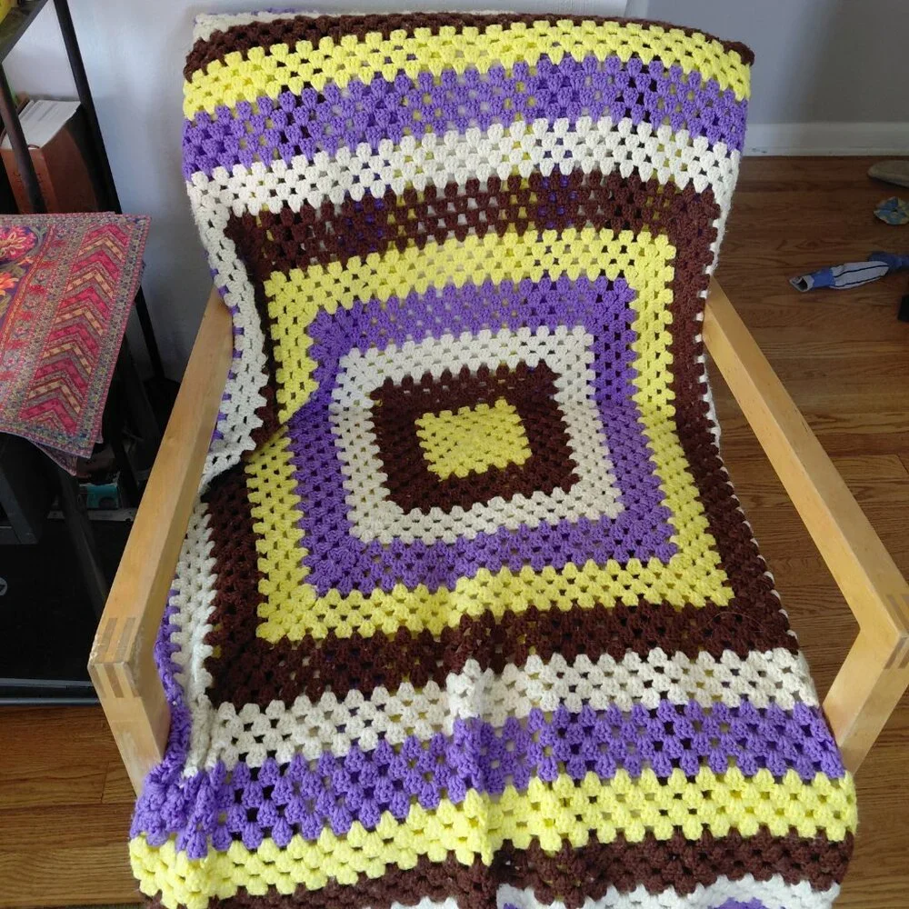 Cottagecore Crochet Granny Square Blanket Vintage Style Afghan Throw 58in