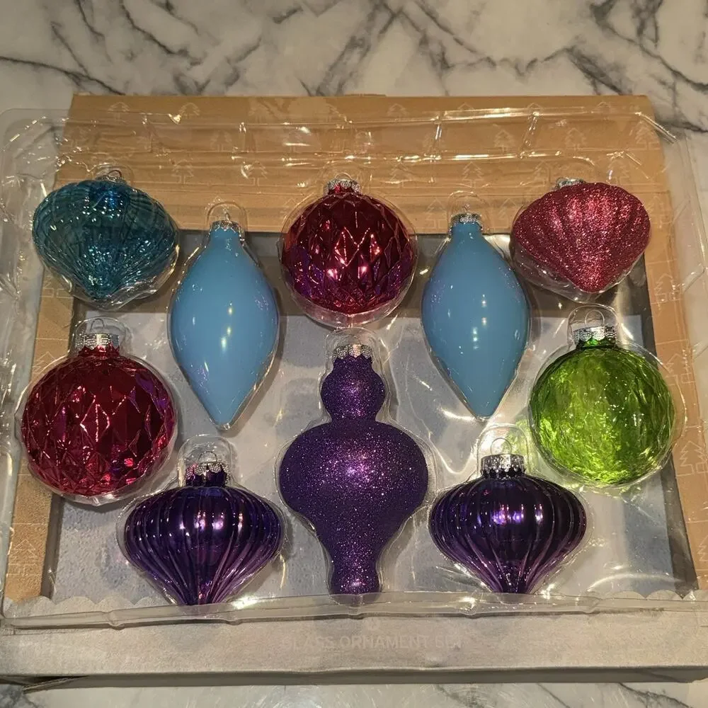 NEW 2014 Target Wondershop 10 Glass Ornaments Royal Purple Pink Glitter Teardrop