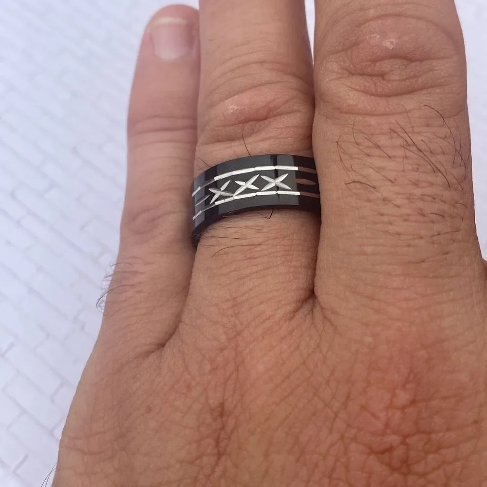 Men’s Black Stainless Steel Ring Size 11 Silver Inlay Band Modern