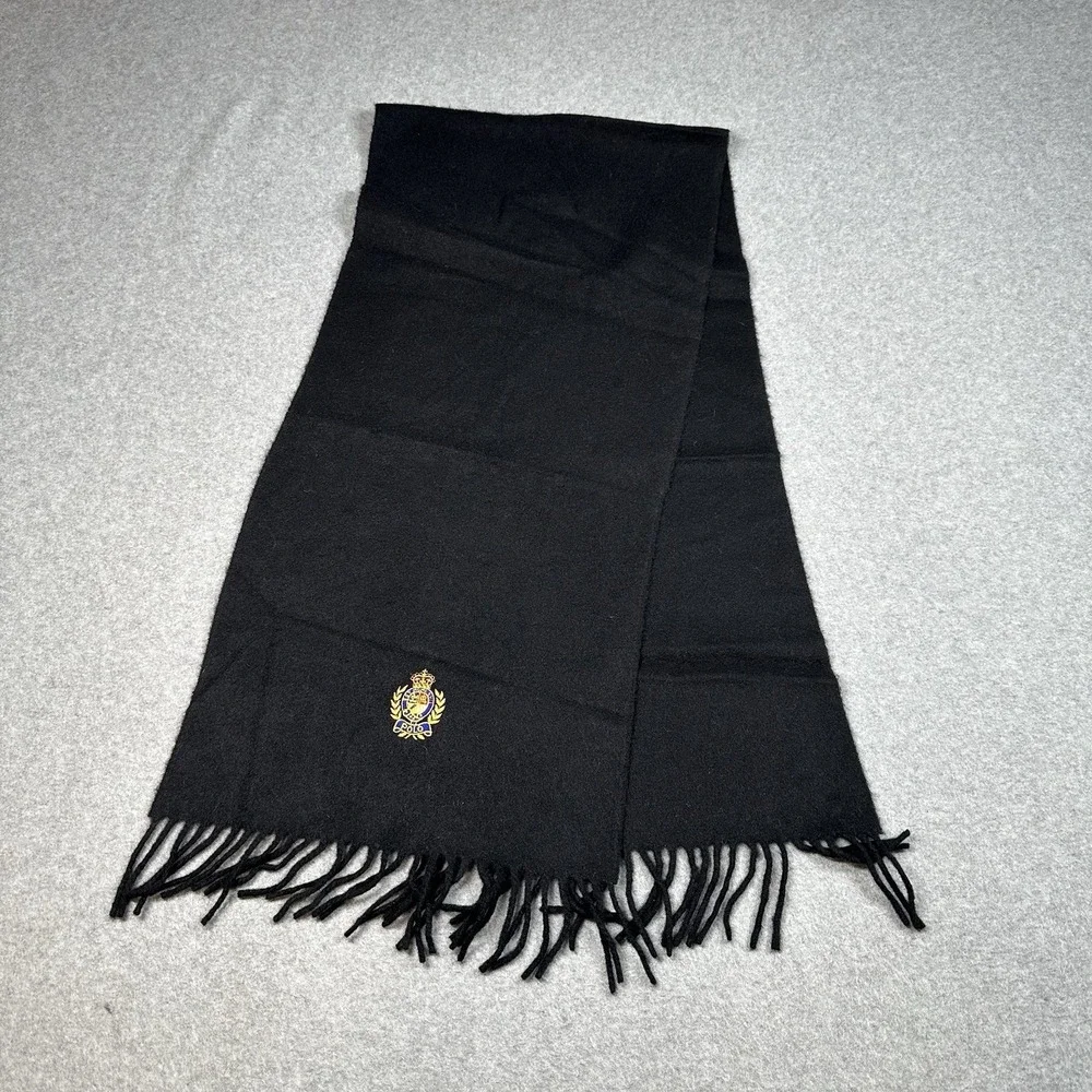Polo Ralph Lauren 100% Cashmere Black Scarf Crest Logo Made Germany 54 X 12 VTG