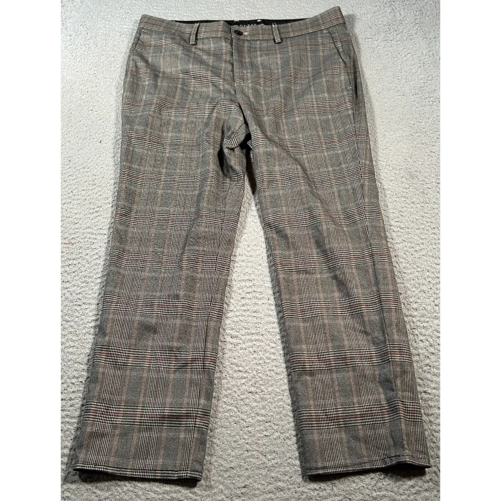 Guess Chino Pants Mens 30 (33x23)‎ Gray Plaid Slim Fit Zip Fly Straight Leg