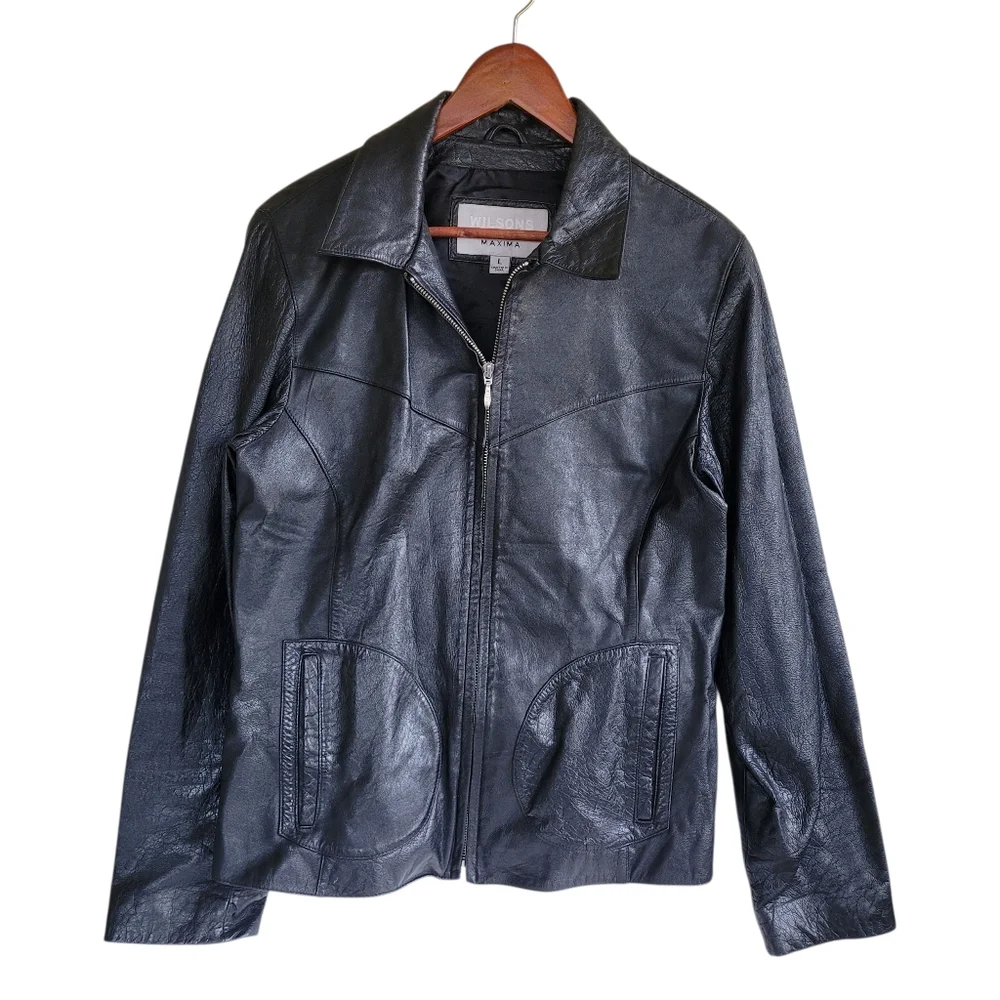 Wilsons Leather Maxima Vintage 100% Leather Jacket Black Womens Large 90s