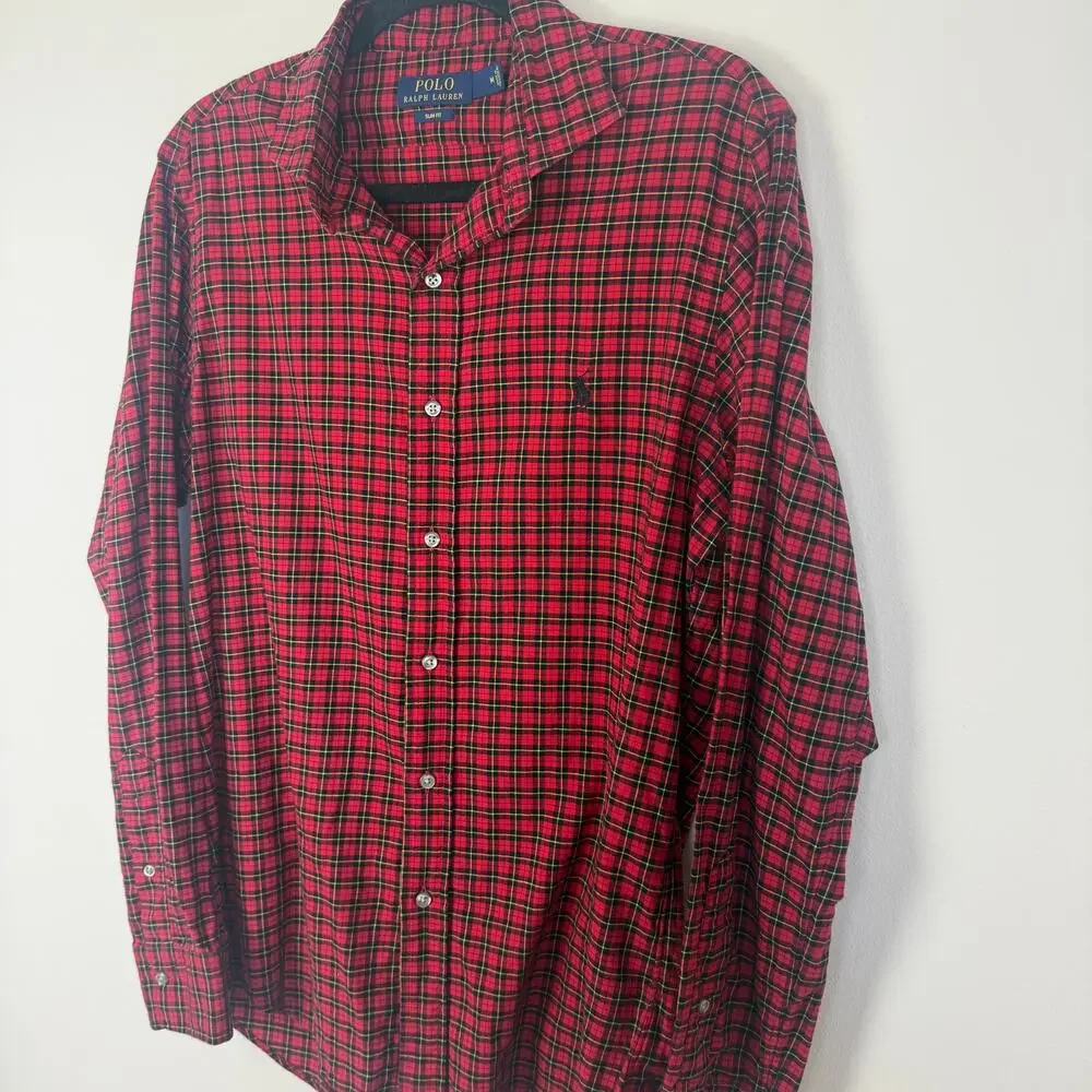Polo Ralph Lauren Mens Slim Button-Up Long Sleeve Red/Black Plaid Shirt Medium