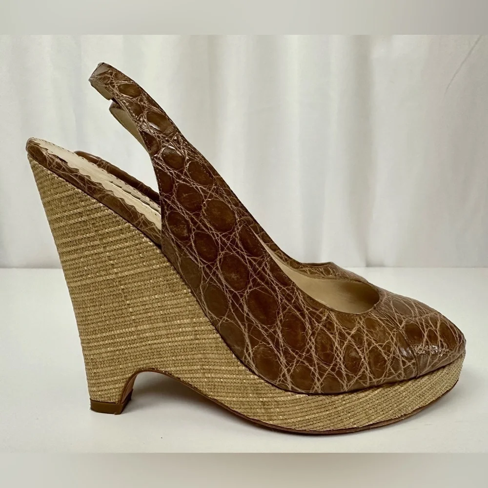 Oscar de la Renta Genuine Crocodile Peep Toe Platform Sandals Sz 7.5
