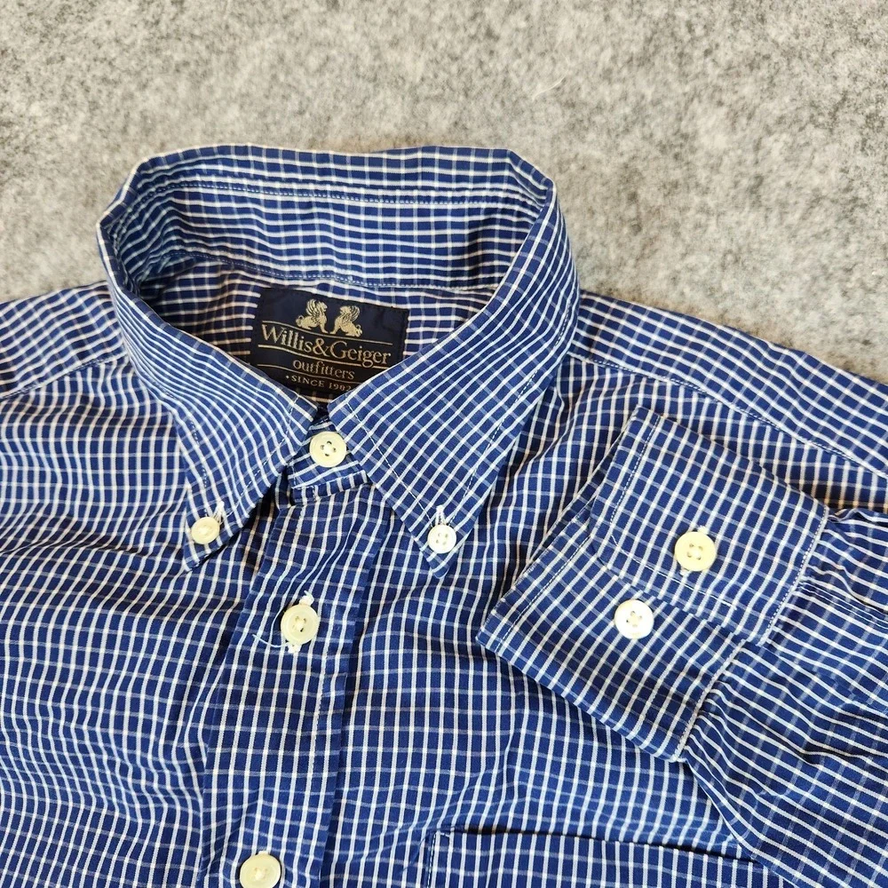Willis & Geiger Outfitters Shirt Mens Blue Graph Check Plaid Causal Pocket READ