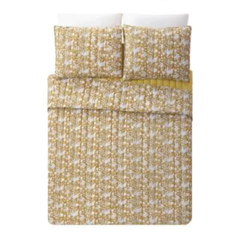 Laurel & Mayfair Gold Block Print Floral Cotton Voile Queen Quilt Set 3pc Gold